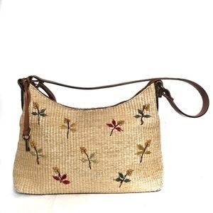 Fossil Hobo Shoulder Bag Woven Straw and Leather Embroidered Floral Vintage